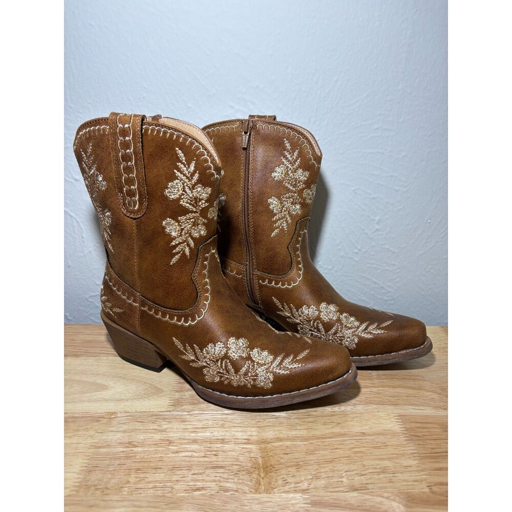 Roper Wynona Women's Floral Western Cowboy Boots Tan Snip Toe Zip Sz 6